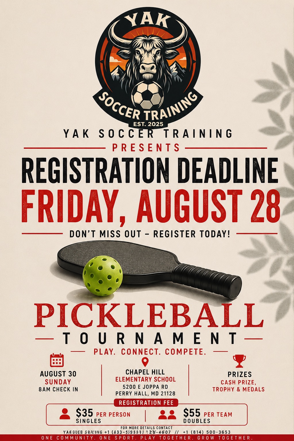 YAK Soccer Training Pickleball Tournament flyer